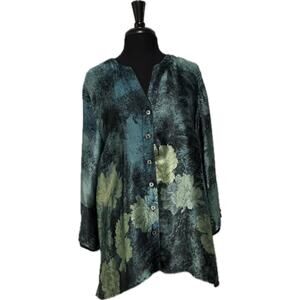 Citron  Button Light Weight Silk Blend Emerald Green Print Jacket or Blouse Top
